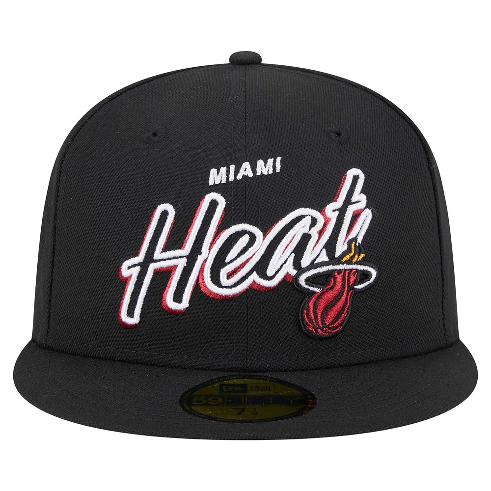 Men's New Era Black Miami Heat Sport Night Script Sided 59FIFTY Fitted Hat