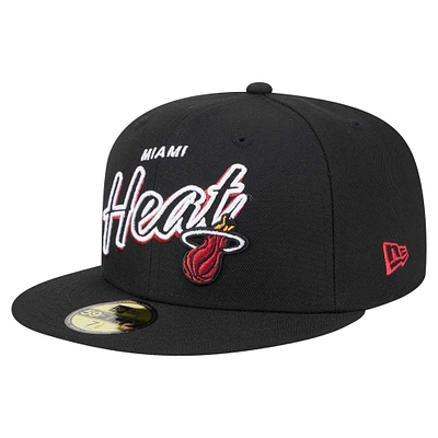 Men's New Era Black Miami Heat Sport Night Script Sided 59FIFTY Fitted Hat