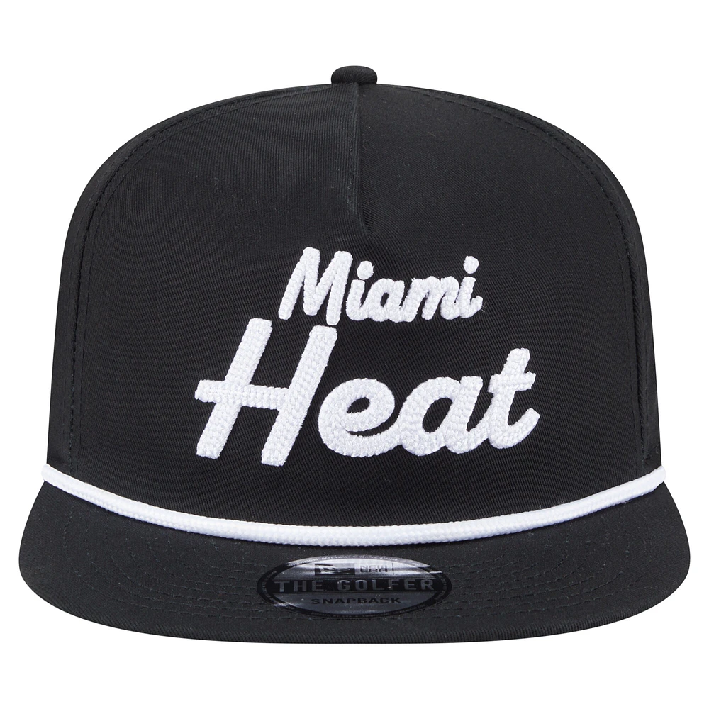 Men's New Era Black Miami Heat Team Text Golfer Snapback Hat