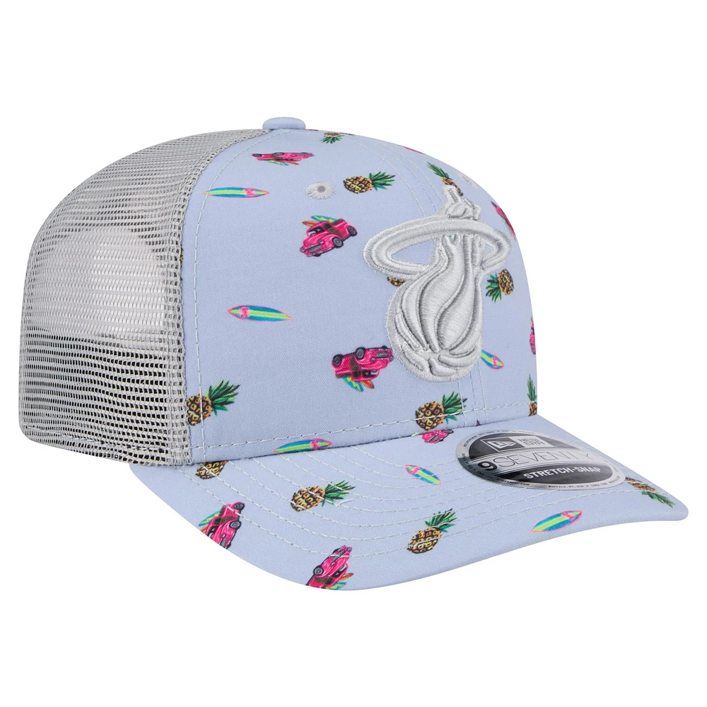 Men's New Era Light Blue/Gray Miami Heat Adventure Aloha Pattern 9SEVENTY Stretch-Snap Hat