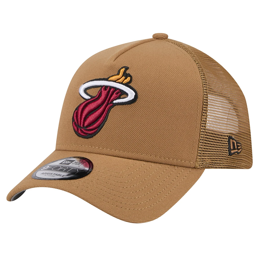 Men's New Era Tan Miami Heat 9FORTY A-Frame Trucker Adjustable Hat