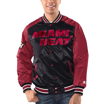 Veste universitaire à bouton-pression en satin Starter noir/rouge Miami Heat Renegade pour hommes