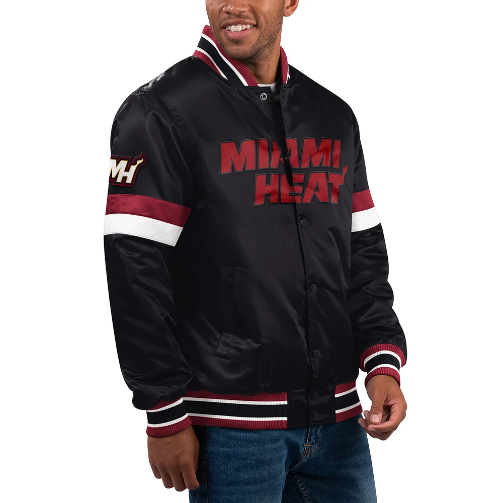 Veste universitaire noire à bouton-pression en satin pour hommes Starter Black Miami Heat Home Game