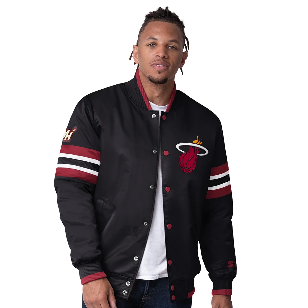 Men's Starter Black Miami Heat Scout I Full-Snap Varsity Jacket