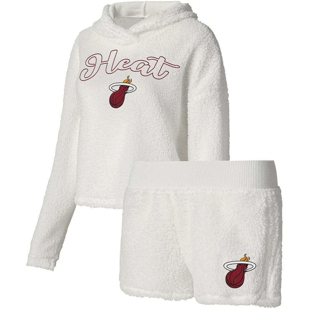 Women's College Concepts Cream Miami Heat Fluffy Long Sleeve Hoodie T-Shirt & Shorts Sleep Set