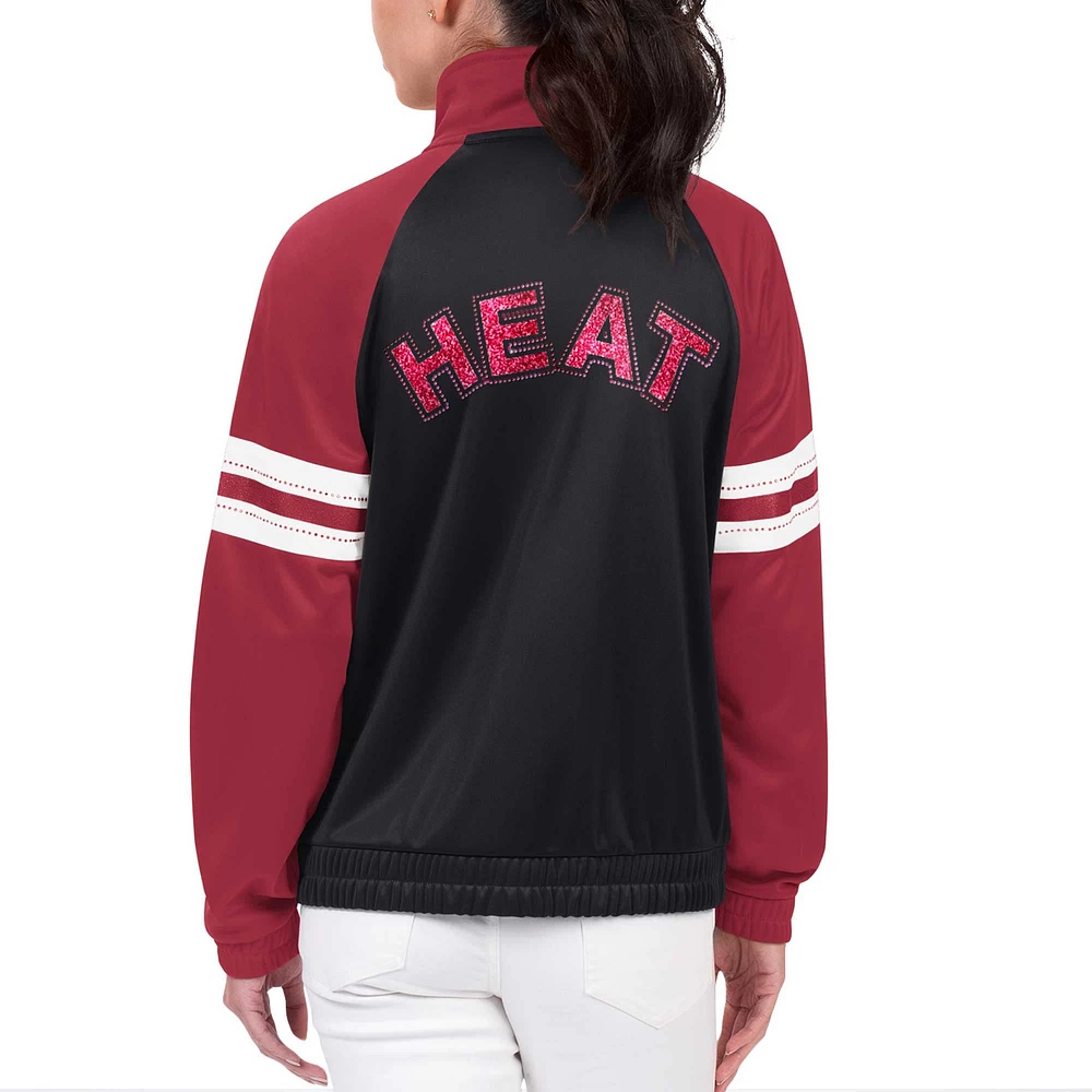 Veste de survêtement entièrement zippée G-III 4Her par Carl Banks pour femmes, noire, Miami Heat, joueur principal, raglan et strass