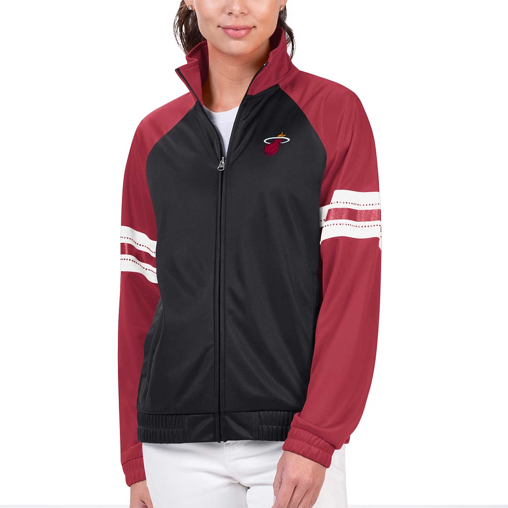 Veste de survêtement entièrement zippée G-III 4Her par Carl Banks pour femmes, noire, Miami Heat, joueur principal, raglan et strass