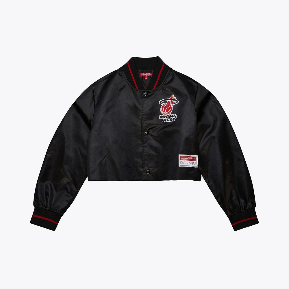 Women's Mitchell & Ness x DANNIJO Black Miami Heat Cropped Satin Full-Snap Jacket