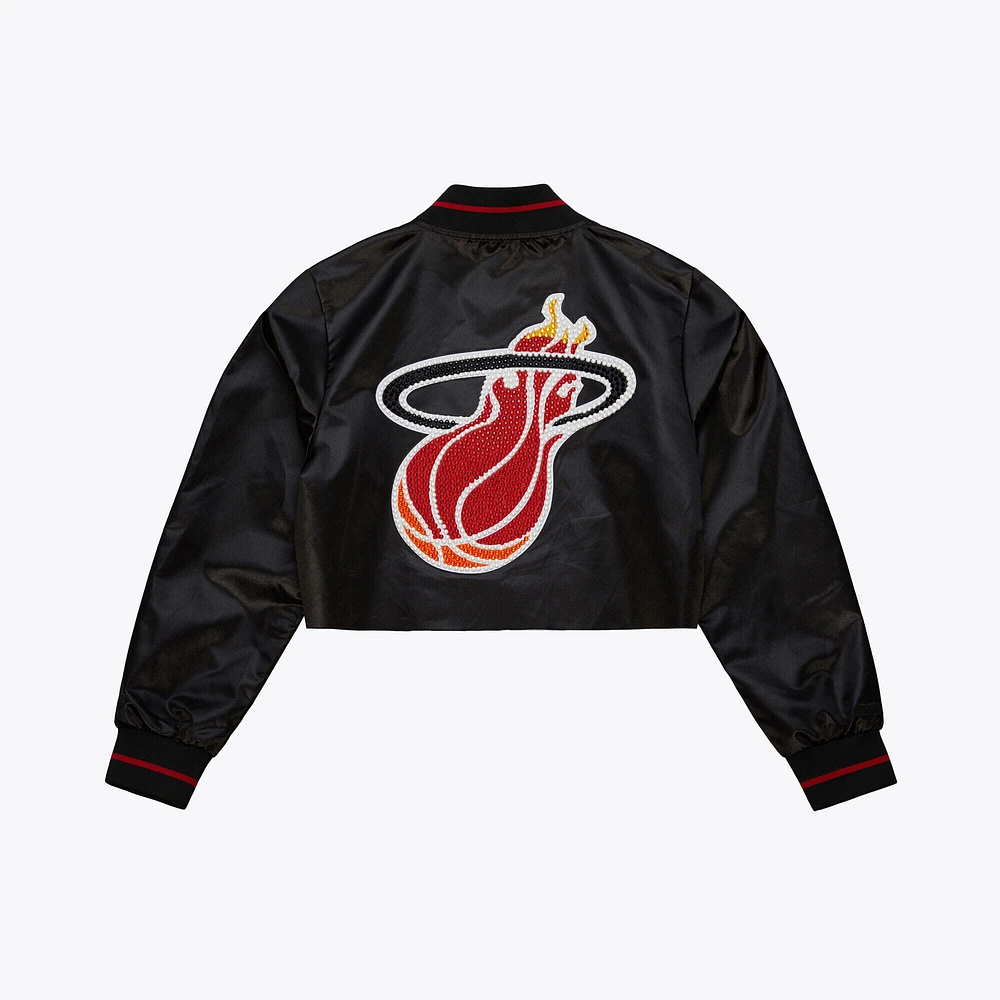 Women's Mitchell & Ness x DANNIJO Black Miami Heat Cropped Satin Full-Snap Jacket