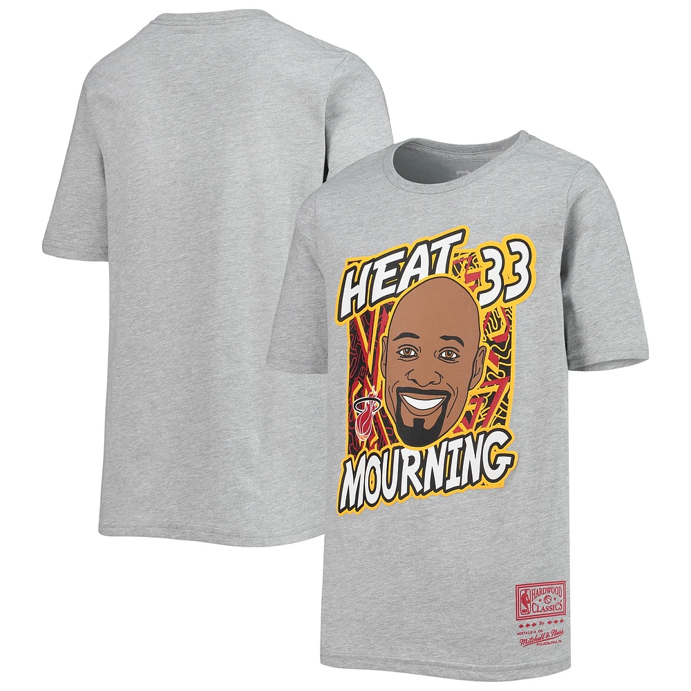 Youth Mitchell & Ness Alonzo Mourning Heathered Gray Miami Heat Hardwood Classics King of the Court Player T-Shirt