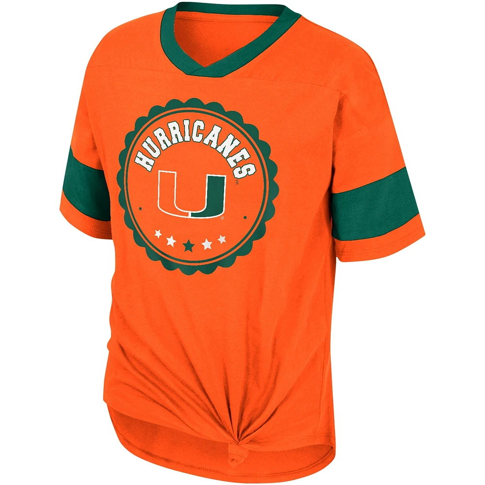 T-shirt Tomika à col en V noué sur le devant pour filles Colosseum Orange Miami Hurricanes