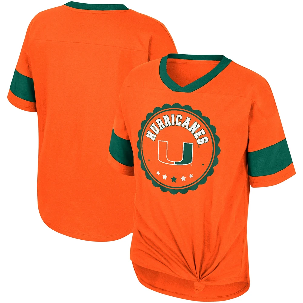 T-shirt Tomika à col en V noué sur le devant pour filles Colosseum Orange Miami Hurricanes