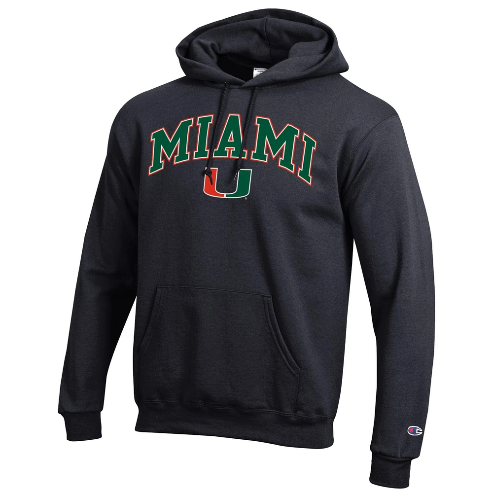 Sweat à capuche noir Champion pour homme avec logo Arch Over des Miami Hurricanes