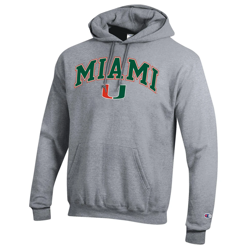 Sweat à capuche logo Arch Over Champion gris chiné pour homme des Miami Hurricanes