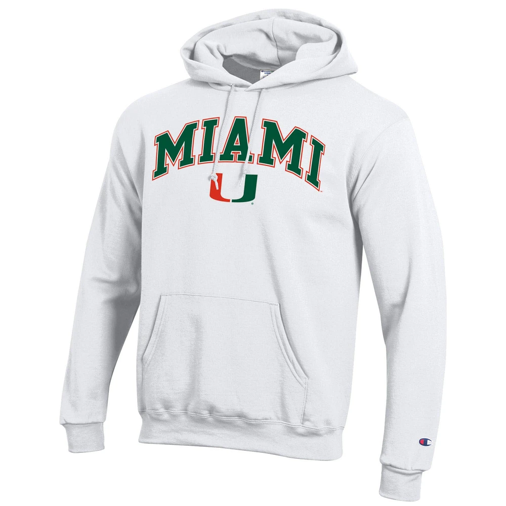 Sweat à capuche blanc Champion pour homme avec logo Arch Over des Miami Hurricanes