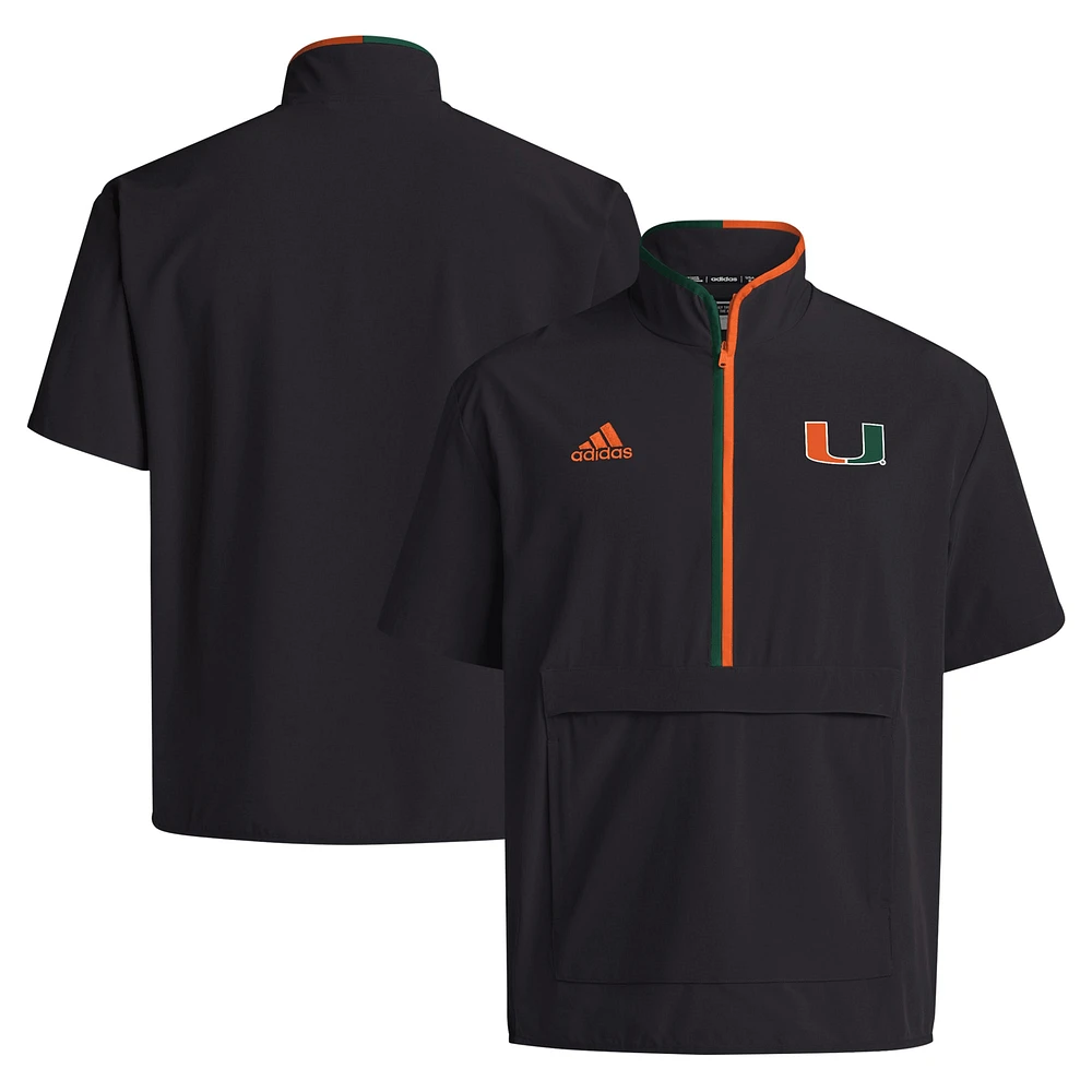 Men's adidas Miami Hurricanes 2024 Coaches Sideline Half-Zip Short Sleeve Jacket