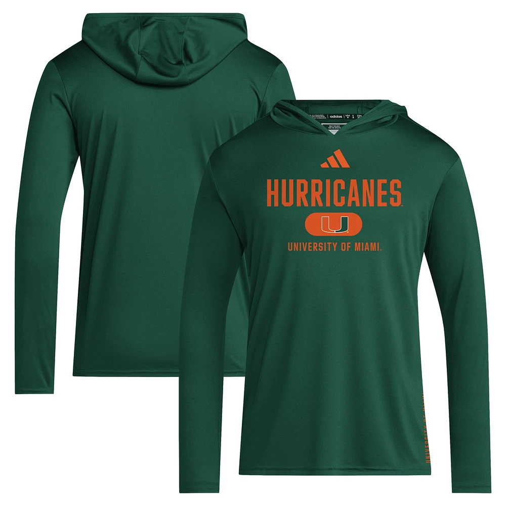 Men's adidas Green Miami Hurricanes 2024 Sideline Hooded Long Sleeve T-Shirt