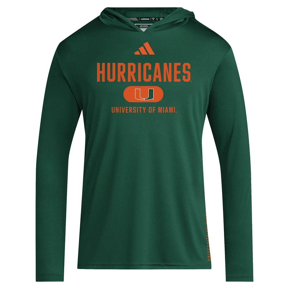 Men's adidas Green Miami Hurricanes 2024 Sideline Hooded Long Sleeve T-Shirt