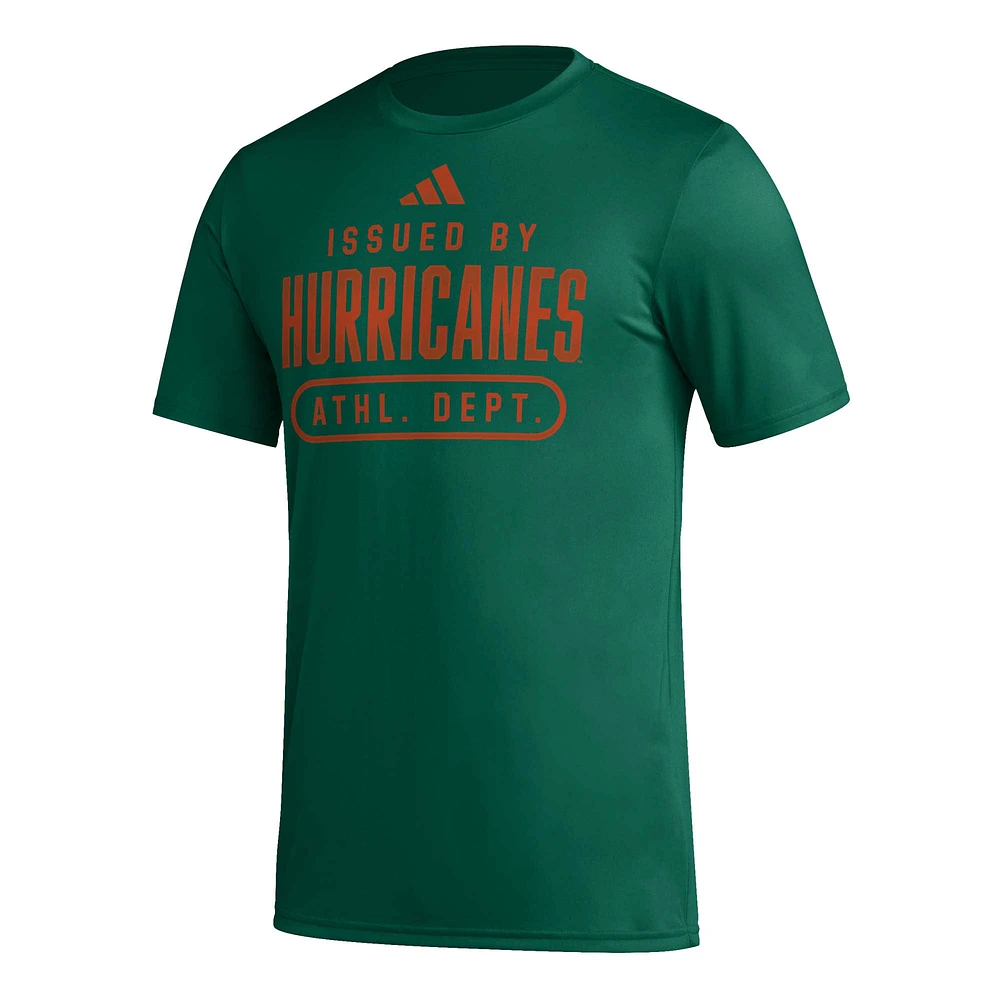 T-shirt d'avant-match adidas Miami Hurricanes AEROREADY vert pour homme