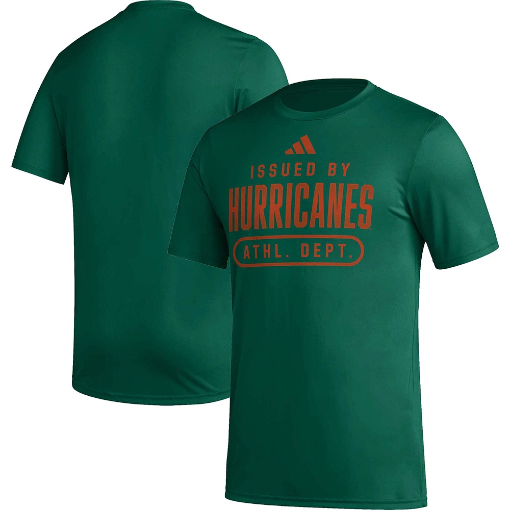 T-shirt d'avant-match adidas Miami Hurricanes AEROREADY vert pour homme