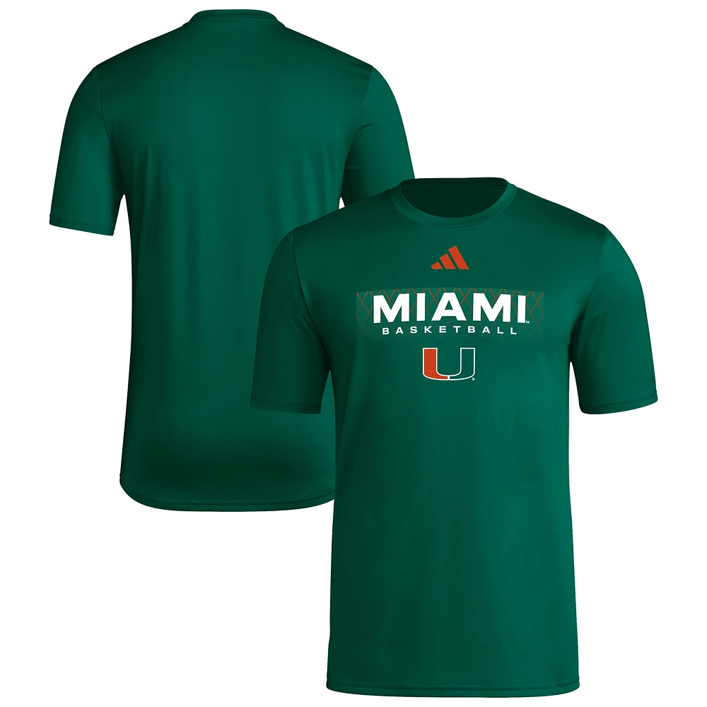 T-shirt adidas vert Miami Hurricanes Basketball Locker On-Court The Fade Pregame AEROREADY pour homme