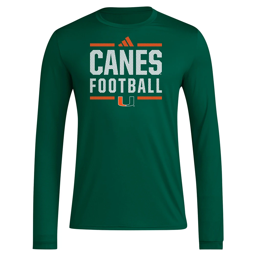 T-shirt à manches longues adidas Miami Hurricanes Locker Football Pre-Game AEROREADY pour hommes, vert