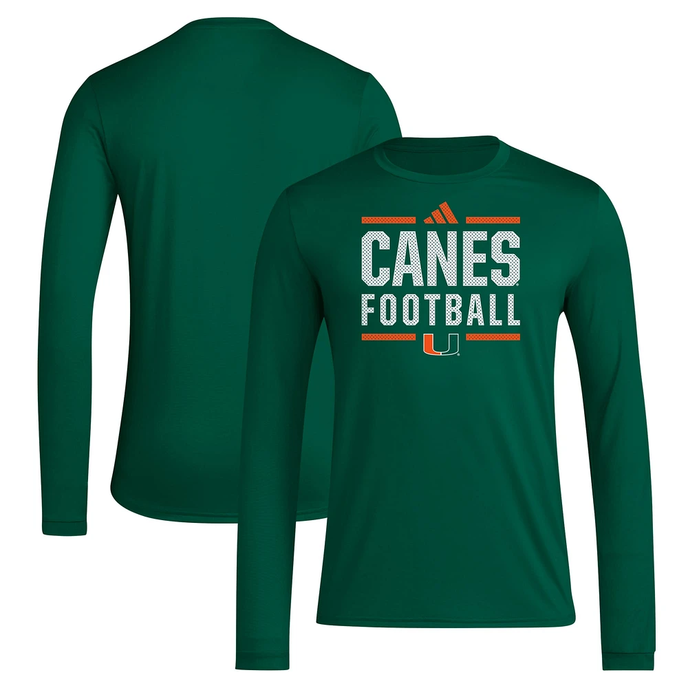 T-shirt à manches longues adidas Miami Hurricanes Locker Football Pre-Game AEROREADY pour hommes, vert