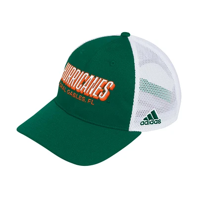 Men's adidas Green Miami Hurricanes Mascot Block Letter Slouch Trucker Adjustable Hat