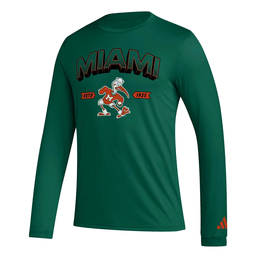 Men's adidas Miami Hurricanes Mighty Mascot Pregame Long Sleeve T-Shirt