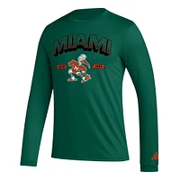 T-shirt à manches longues adidas Miami Hurricanes Mighty Mascot avant-match vert pour homme