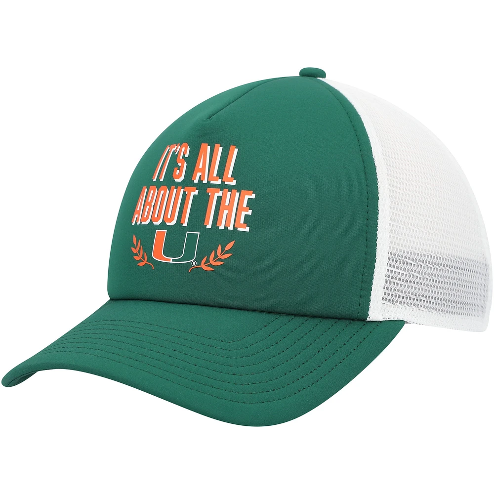 Casquette ajustable de camionneur en mousse sur le devant en mousse adidas Miami Hurricanes Phrase pour hommes, verte