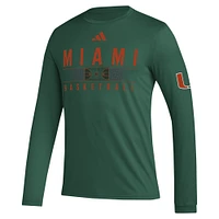 T-shirt à manches longues adidas pour hommes, vert, Miami Hurricanes, entraînement de basket-ball, avant-match, AEROREADY