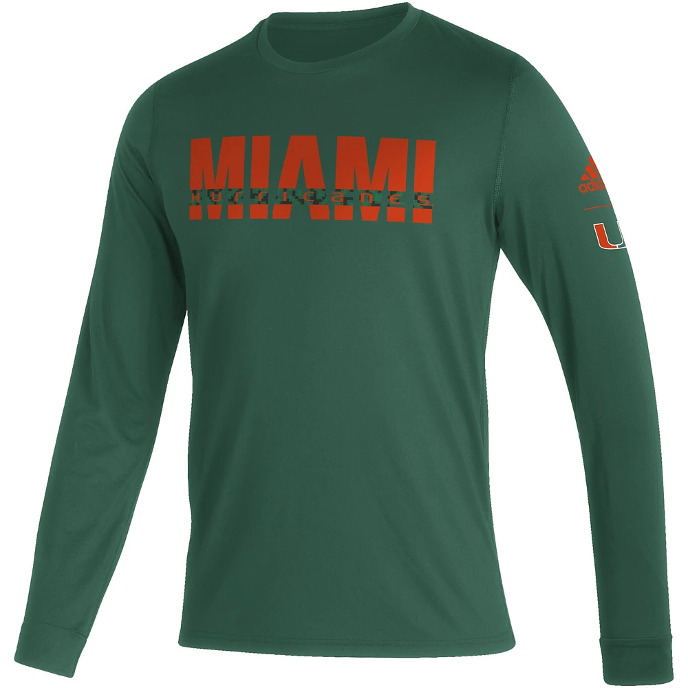 Men's adidas Green Miami Hurricanes Sideline Locker Strikethrough Creator AEROREADY Long Sleeve T-Shirt