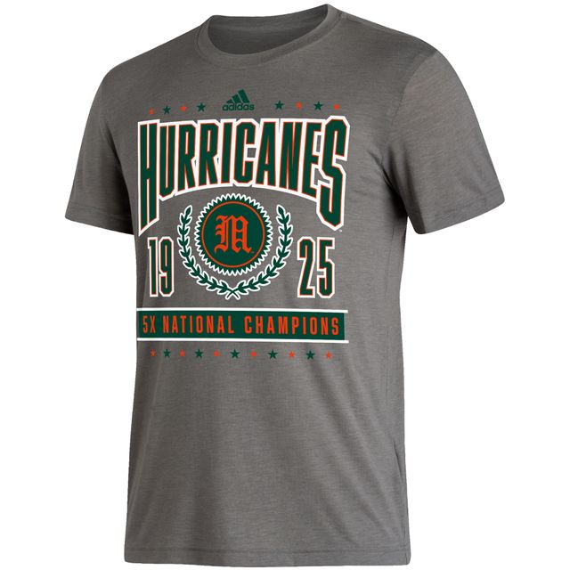 T-shirt à trois mélanges adidas Heathered Charcoal Miami Hurricanes 5X National Champions Reminisce pour homme