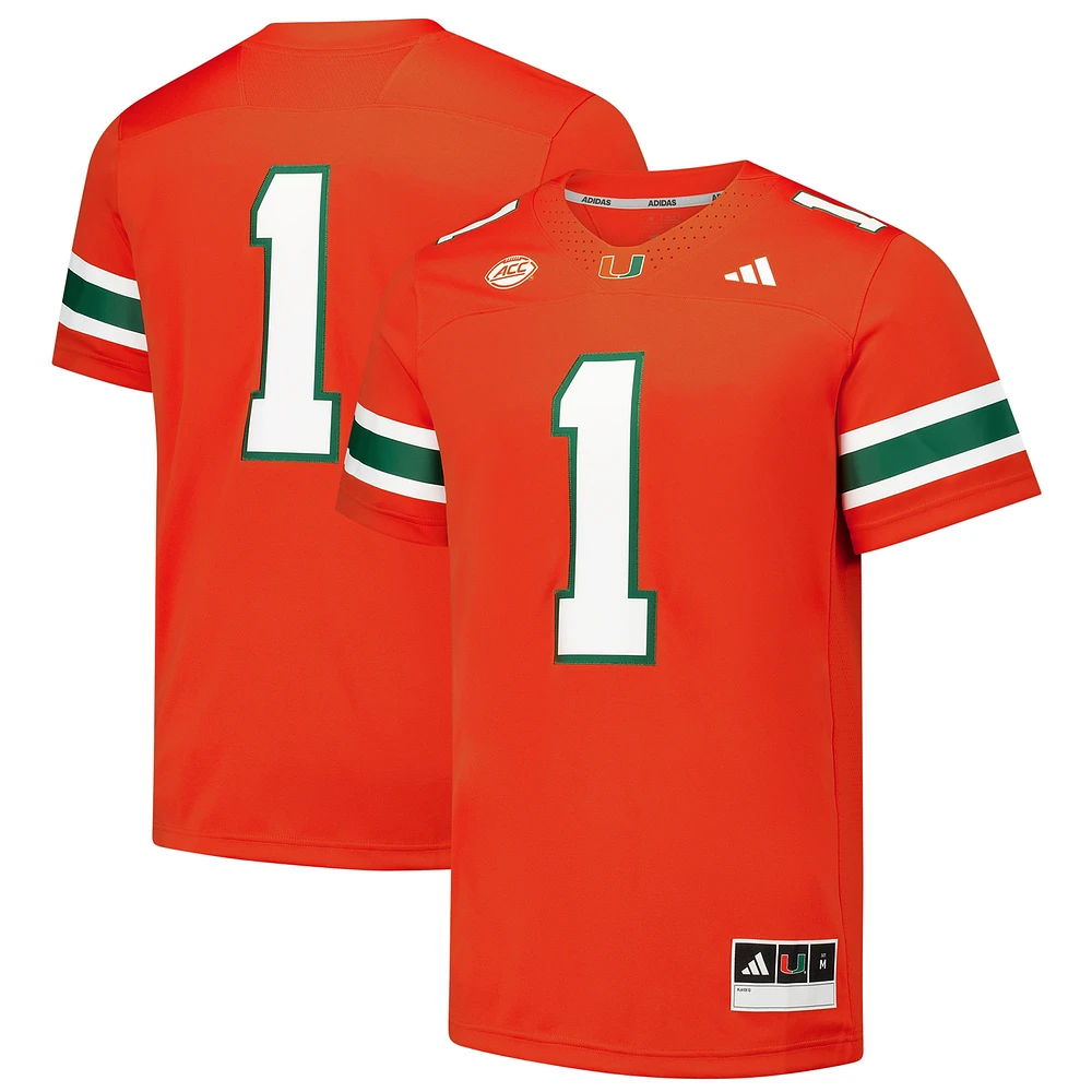 Maillot de football adidas #1 Orange Miami Hurricanes Premier pour homme