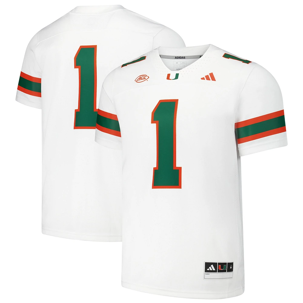 Maillot de football adidas #1 blanc Miami Hurricanes Premier pour homme