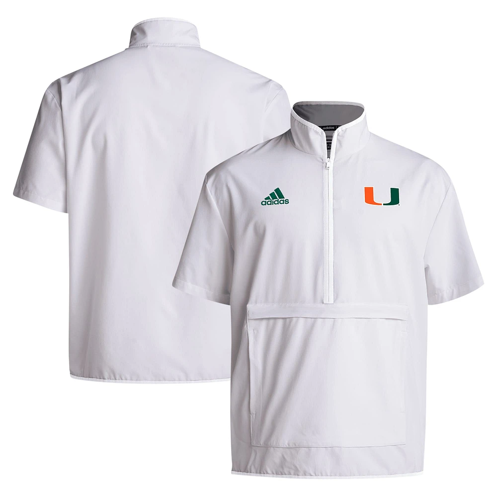 Veste adidas Miami Hurricanes Coaches Sideline à manches courtes et demi-zip pour homme, blanche