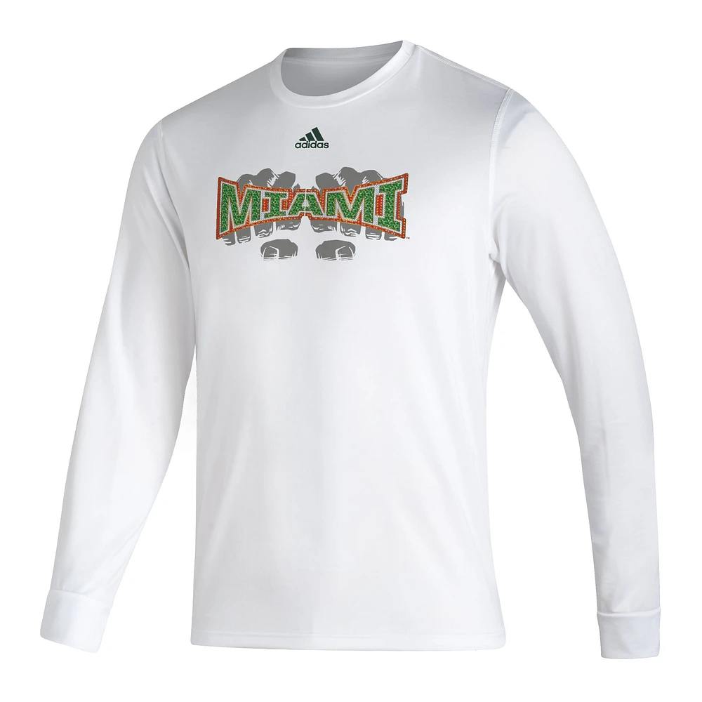 Men's adidas White Miami Hurricanes Touchdown Ring Creator Long Sleeve T-Shirt