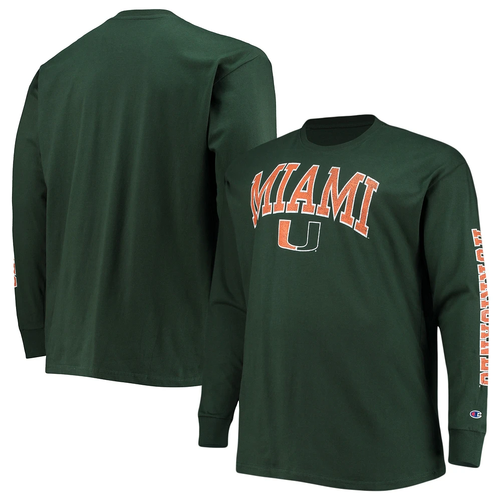 T-shirt à manches longues pour hommes Champion Green Miami Hurricanes Tailles Big & Tall 2-Hit