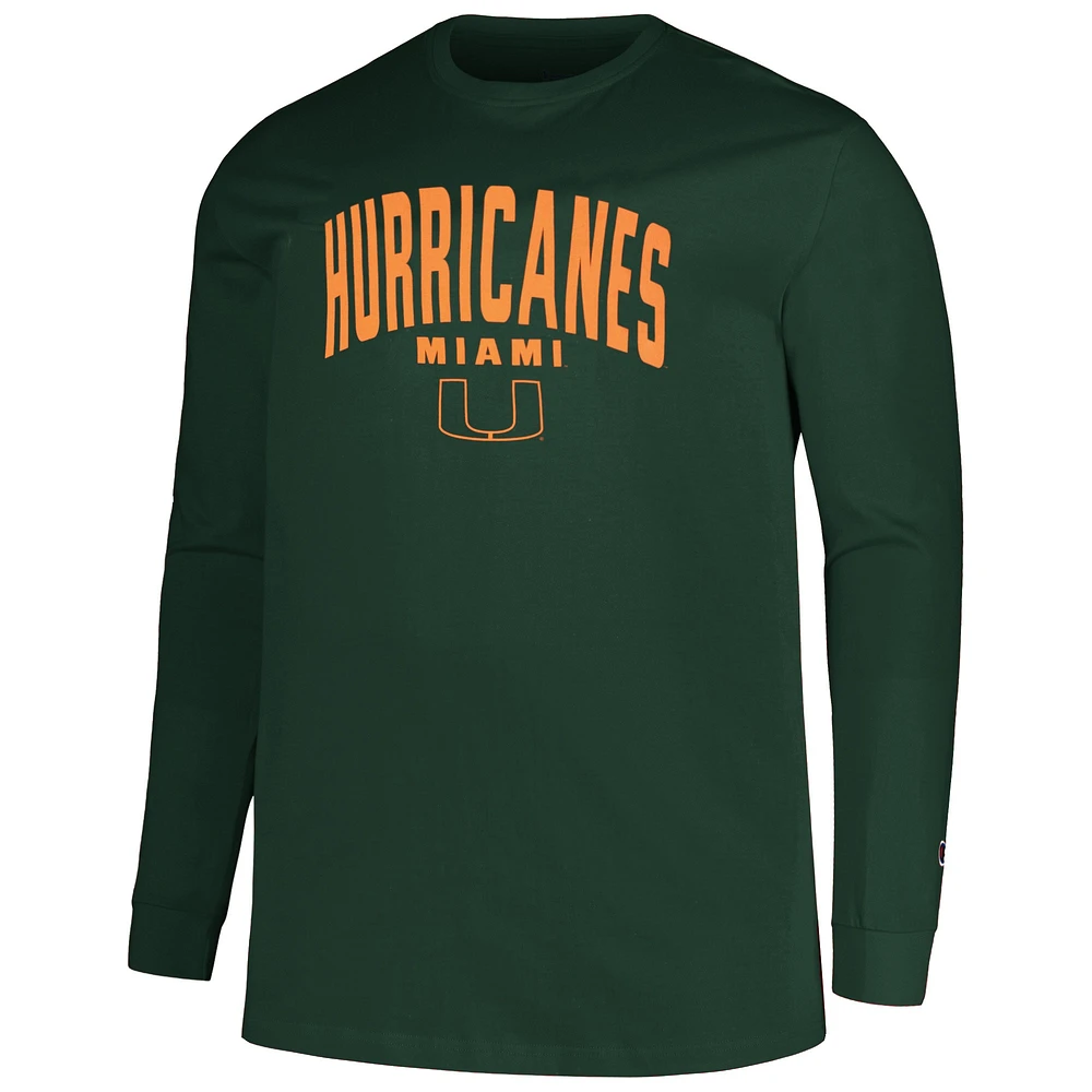 T-shirt vert à manches longues Champion pour hommes des Hurricanes de Miami Big & Tall Arch