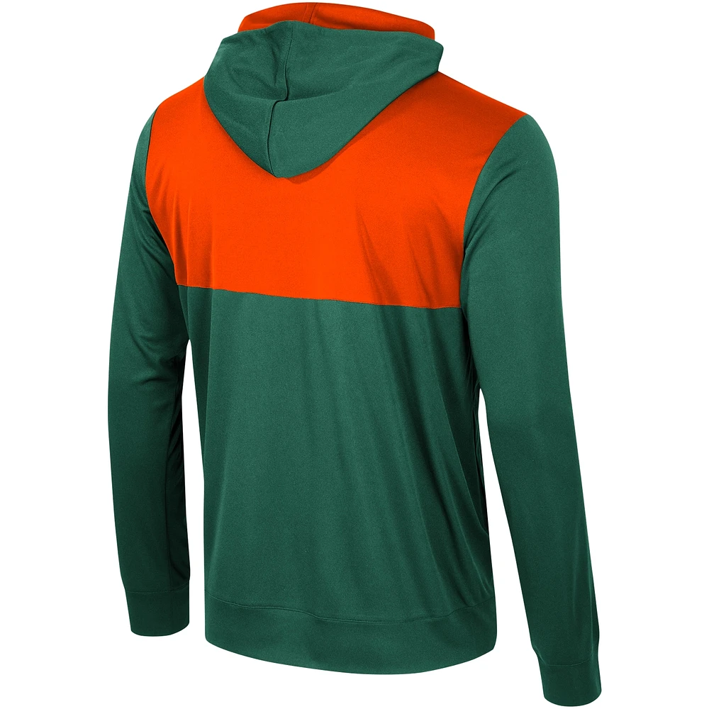 T-shirt à capuche manches longues pour hommes Colosseum Green Miami Hurricanes Warm Up