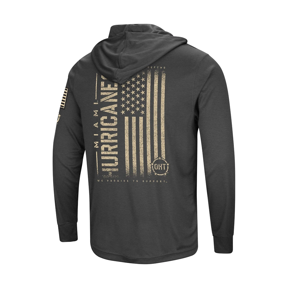 T-shirt à capuche manches longues pour hommes Colosseum Heather Black Miami Hurricanes Team OHT Military Appréciation