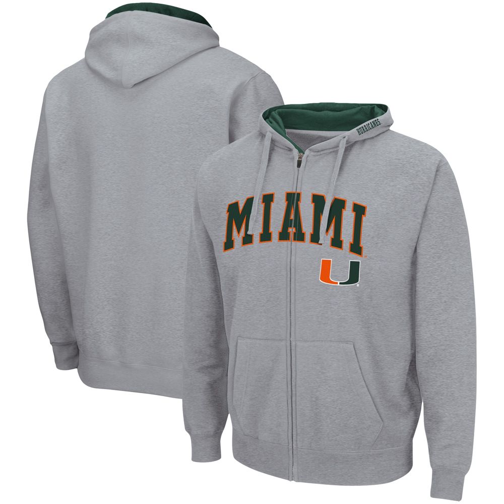 Men's Colosseum Heathered Gray Miami Hurricanes Arch & Logo 3.0 Full-Zip Hoodie