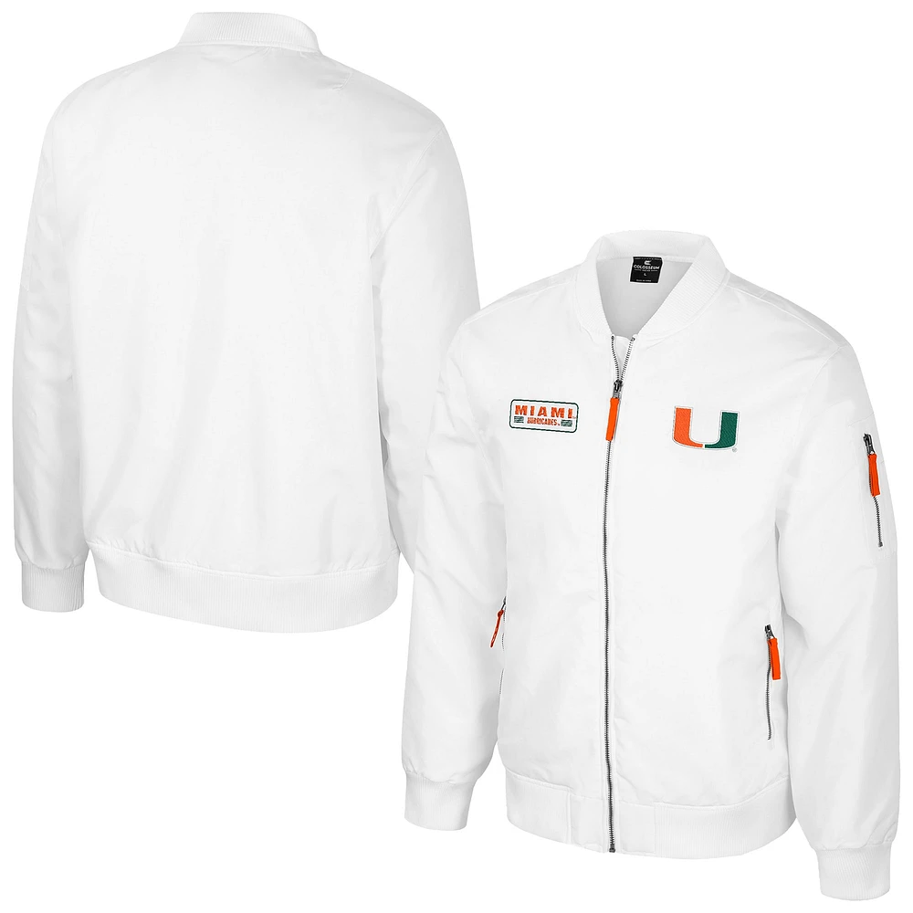 Men's Colosseum Miami Hurricanes White Rabbit Full-Zip Bomber Jacket