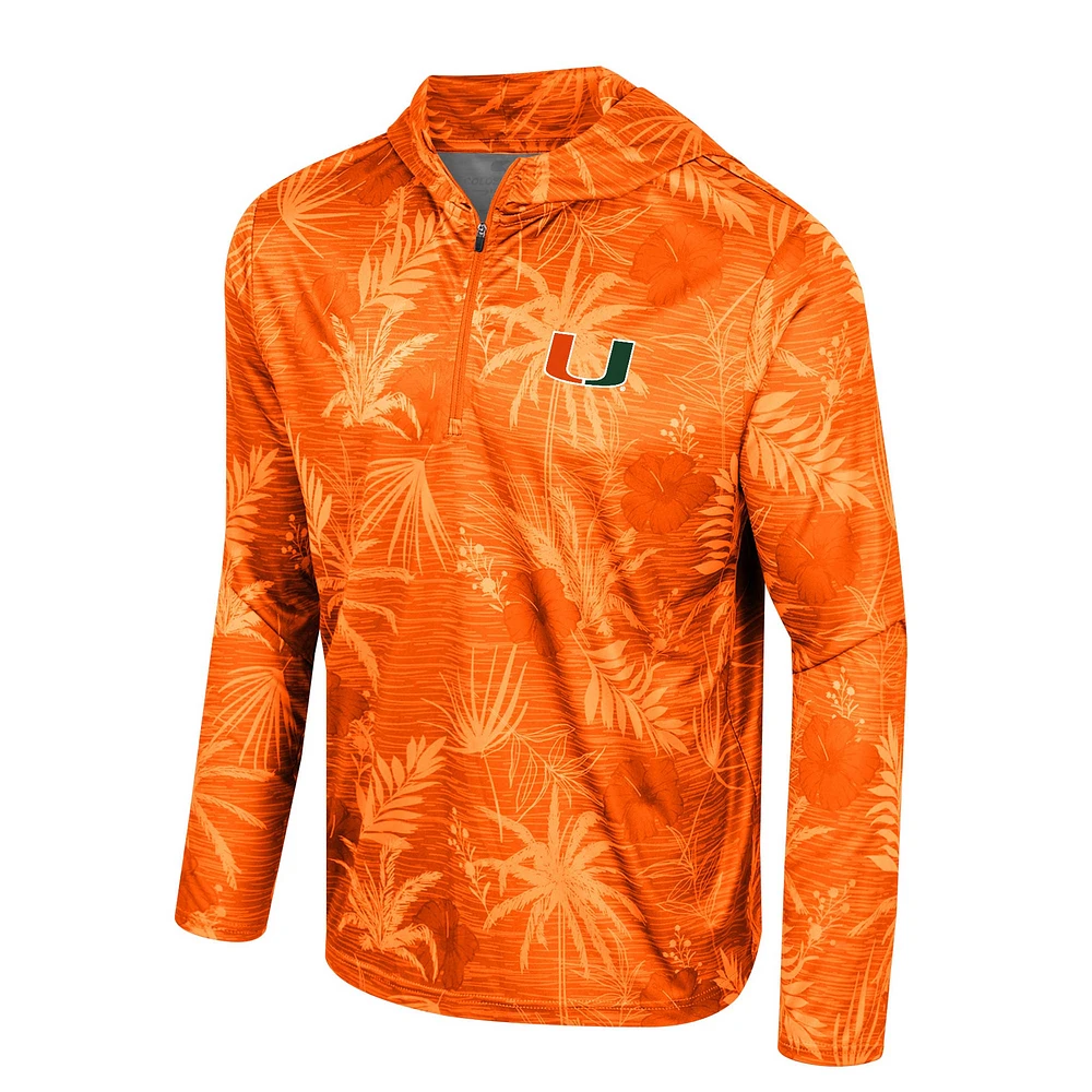 Men's Colosseum Orange Miami Hurricanes Palms Printed Lightweight Quarter-Zip Hooded Top