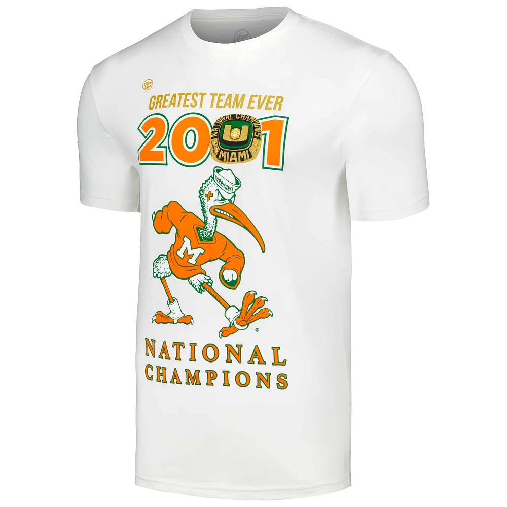 Dyme Lyfe blanc Miami Hurricanes 2001 Champions nationaux de football pour hommes la plus grande équipe tous les temps Collection Sebastian T-shirt