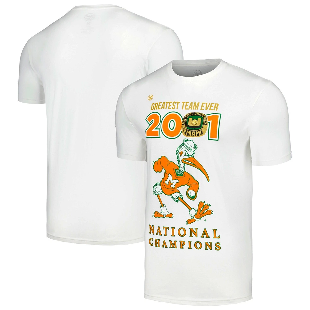 Dyme Lyfe blanc Miami Hurricanes 2001 Champions nationaux de football pour hommes la plus grande équipe tous les temps Collection Sebastian T-shirt