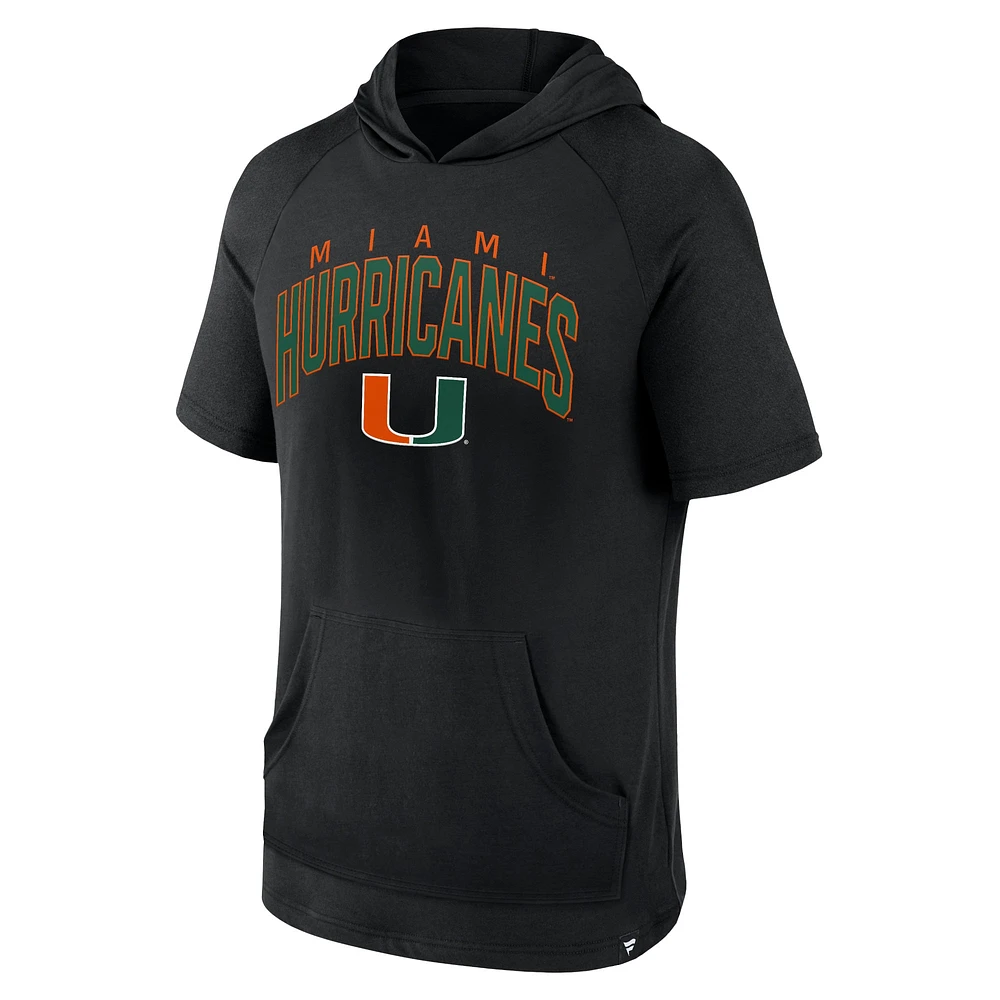 Men's Fanatics Black Miami Hurricanes Double Arch Raglan Short Sleeve Hoodie T-Shirt