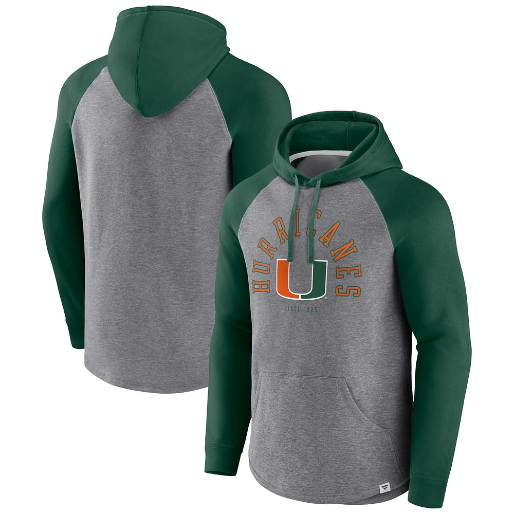 Men's Fanatics Green/Heather Gray Miami Hurricanes Wrap Up Raglan Pullover Hoodie