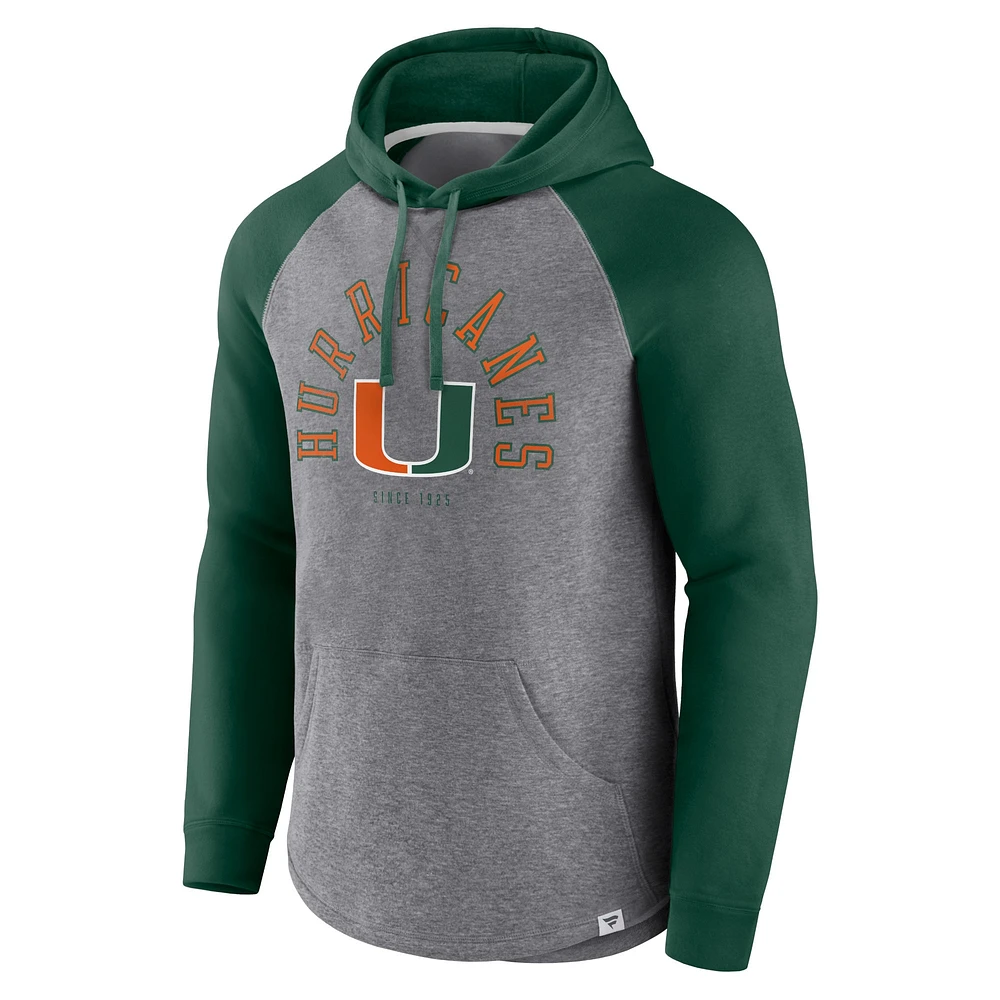 Men's Fanatics Green/Heather Gray Miami Hurricanes Wrap Up Raglan Pullover Hoodie